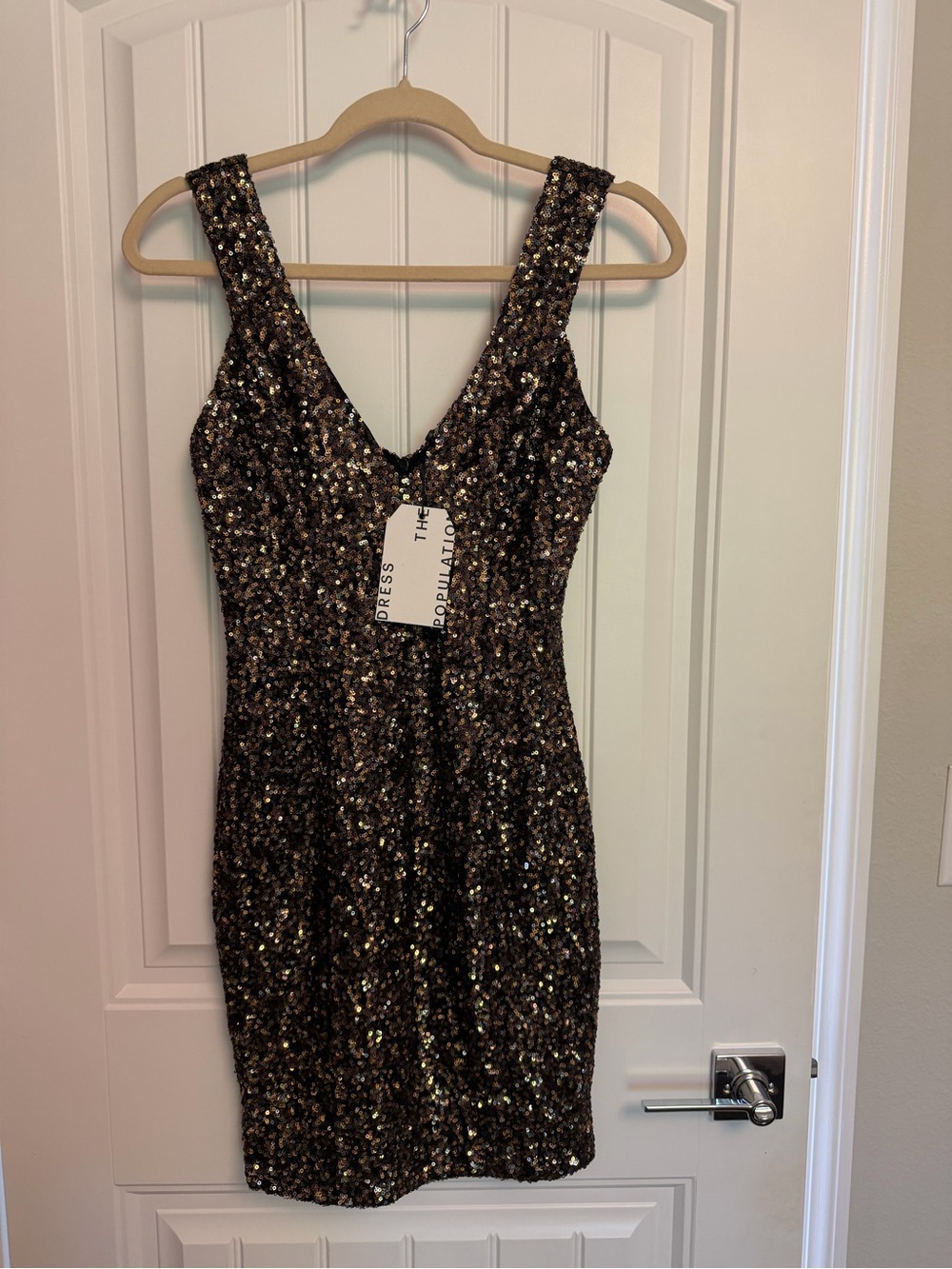 Dress the Population Black and Gold Sequin Mini Dress